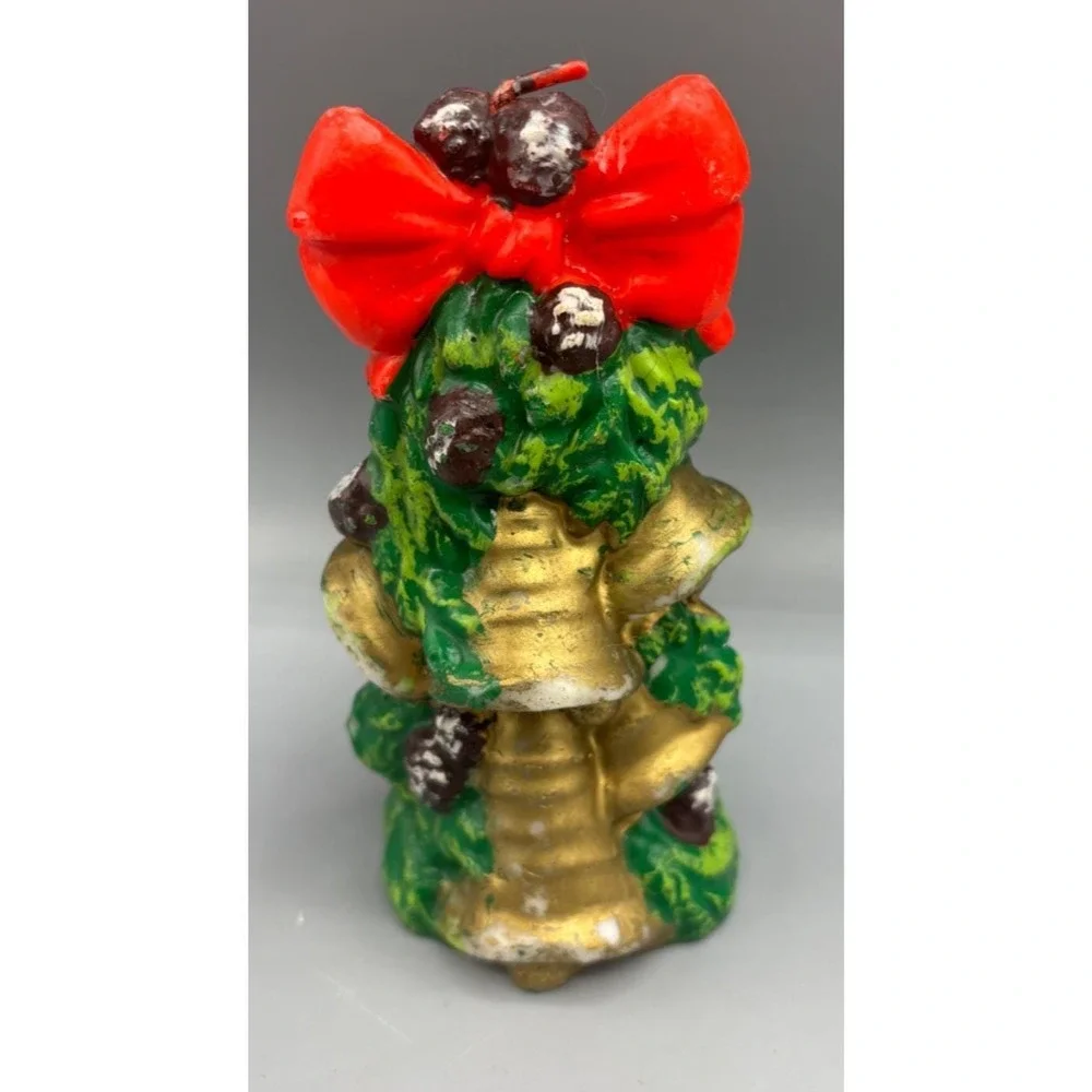 Vtg Christmas Wax Candle Gold Bells with Red Bow‎ & Greenery